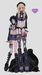 Rule 34 | 2girls, alternate costume, arm warmers, axe, bikini, black hair, blonde hair, blood, boots, breasts, chest tattoo, cigarette, cleavage, clown makeup, collar, detached sleeves, donquixote rocinante, female focus, full body, genderswap, genderswap (mtf), goth fashion, halloween, height difference, highres, holding, holding axe, large breasts, leg warmers, lingerie, long hair, looking at viewer, maid headdress, makeup, medium breasts, multiple girls, navel, nwq hz, one piece, platform boots, platform footwear, red eyes, scar, short hair, smoking, spiked collar, spikes, standing, swimsuit, tattoo, thighhighs, torn clothes, torn thighhighs, trafalgar law, underboob, underwear, weapon, yellow eyes, yuri