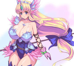 Rule 34 | 1girl, artist request, blonde hair, blue eyes, blue hair ribbon, boots, breasts, cleavage, closed mouth, collarbone, female focus, gloves, hair ribbon, helmet, highres, huge breasts, leotard, long hair, looking at viewer, pink gloves, polearm, ribbon, riesz, seiken densetsu, seiken densetsu 3, simple background, smile, solo, spear, square enix, standing, star lancer, thick thighs, thigh boots, thighhighs, thighs, very long hair, weapon