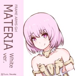 Rule 34 | 10s, 1girl, disco brando, elbow gloves, english text, frame arms girl, gloves, looking at viewer, materia (frame arms girl), materia shiro, pink background, pink eyes, pink hair, short hair, solo, text focus, twitter username, white background, white gloves