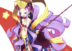 Rule 34 | 1girl, breasts, chinese clothes, choker, cleavage, earrings, facial mark, fang, fate/grand order, fate (series), forehead mark, gloves, headgear, highres, jewelry, long hair, navel, open mouth, pink eyes, purple hair, ribbon, skirt, star (symbol), sword, weapon, wu zetian (fate)