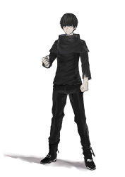 Rule 34 | 1boy, absurdres, black eyes, black footwear, black hair, black theme, clenched hand, closed mouth, highres, male focus, mek, original, red pupils, red theme, simple background, solo, standing, torn clothes, white background