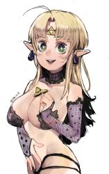 Rule 34 | 1girl, ahoge, blonde hair, blush, breasts, choker, cleavage, detached sleeves, facial mark, forehead mark, green eyes, highres, lace, lace-trimmed sleeves, lace choker, lace trim, looking at viewer, medium breasts, nintendo, panties, parted bangs, pasties, pointy ears, princess zelda, sho-n-d, short eyebrows, smile, solo, standing, the legend of zelda, triforce, twitter username, underwear, white background