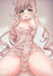 Rule 34 | 1girl, absurdres, ahoge, alternate costume, bare shoulders, breasts, brown sweater, collarbone, convenient arm, double bun, glasses, hair bun, highres, kantai collection, light brown hair, long sleeves, makigumo (kancolle), makura (y makura), no panties, off-shoulder sweater, off shoulder, ribbed sweater, sitting, sleeves past wrists, small breasts, solo, sweater, tongue, tongue out, twintails