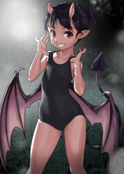 Rule 34 | adjusting clothes, adjusting swimsuit, black hair, collarbone, demon girl, demon horns, demon tail, demon wings, fang, grin, high ponytail, highres, horns, one-piece swimsuit, original, pointy ears, red eyes, rohitsuka, school swimsuit, short hair, short ponytail, smile, swimsuit, tail, wings