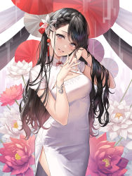Rule 34 | 1girl, black hair, bracelet, braid, breasts, china dress, chinese clothes, cowboy shot, dress, earrings, flower, hair flower, hair ornament, highres, jewelry, long hair, looking at viewer, medium breasts, mole, mole under eye, okuma mai, original, red flower, ring, smile, solo, standing, white dress, white flower