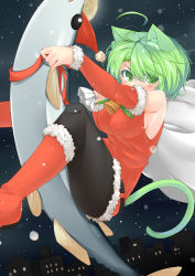 Rule 34 | 1girl, absurdres, ahoge, animal ears, bell, black pantyhose, blush, breasts, cat ears, cat tail, detached sleeves, dodome-iro mayonnaise, fish, green eyes, green hair, highres, holding, large breasts, matching hair/eyes, original, pantyhose, ribbon, riding, sack, sharon (dodomayo), sideboob, snowing, solo, tail