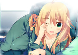 Rule 34 | 1girl, blonde hair, blush, breasts, cleavage, collarbone, couch, downblouse, face, green eyes, hoshii miki, idolmaster, idolmaster (classic), kuwashima rein, long hair, lying, one eye closed, open mouth, pajamas, pillow, solo, tears, wink