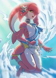 Rule 34 | 1girl, belly chain, blue background, brown eyes, colored skin, fins, fish girl, gradient background, hair ornament, highres, jewelry, long hair, looking at viewer, mipha, monster girl, multicolored skin, nintendo, pointy ears, red skin, saburou (jako), single bare shoulder, smile, solo, teeth, the legend of zelda, the legend of zelda: breath of the wild, twitter username, two-tone skin, upper teeth only, water, yellow eyes, zora