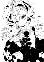 Rule 34 | 1girl, bare shoulders, breasts, center opening, character name, circlet, collarbone, deus ex machina (p&amp;d), dress, gears, gloves, greyscale, hair ribbon, head wings, highres, monochrome, navel, pikomarie, puzzle &amp; dragons, ribbon, short hair, simple background, small breasts, smile, solo, white background, wings