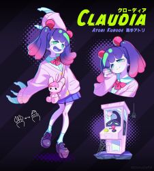 Rule 34 | 1girl, arms up, arrow (symbol), bag, blush, bow, bowtie, bug, buttons, character name, claudia (donutypd), claws, closed jacket, closed mouth, colored skin, controller, crack, crane game, donuttypd, dots, expressions, fingernails, green eyes, half-closed eyes, hand on own cheek, hand on own face, handbag, hands up, jacket, joystick, long sleeves, looking ahead, looking at object, looking up, mimic, monster girl, multicolored hair, nail polish, open mouth, original, pink bow, pink bowtie, pink hair, pink jacket, pink skin, pleated skirt, pocket, purple footwear, purple hair, purple skirt, sharp fingernails, shirt, silk, simple background, skinny, skirt, smile, socks, spider, spider web, strap, striped, striped background, sweater jacket, switch, white shirt, white socks