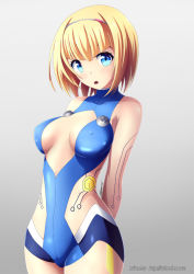 Rule 34 | 10s, 1girl, :o, arms behind back, artist name, bare shoulders, blonde hair, blue eyes, blunt bangs, bodysuit, breasts, breasts apart, covered erect nipples, cowboy shot, gradient background, grey background, hairband, head tilt, heavy object, looking at viewer, milinda brantini, mimelex, open mouth, short hair, signature, simple background, solo, standing, tape, watermark, web address