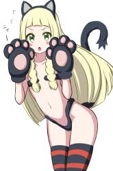 Rule 34 | 1girl, absurdres, alternate costume, animal ears, animal hands, black panties, blonde hair, blunt bangs, blush stickers, braid, cat ears, cat paws, cat tail, cosplay, cowboy shot, creatures (company), fake animal ears, fake tail, flat chest, flying sweatdrops, game freak, gen 7 pokemon, gloves, green eyes, highres, lillie (pokemon), litten, litten (cosplay), long hair, looking at viewer, navel, nintendo, open mouth, panties, paw gloves, paw pose, pokemon, pokemon sm, solo, striped clothes, striped thighhighs, tail, thighhighs, twin braids, ultrayoru, underwear, white background