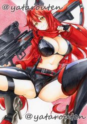 Rule 34 | 1girl, absurdres, anti-materiel rifle, artist name, ass, black gloves, breasts, bullpup, chaps, cleavage, crop top, cropped jacket, fingerless gloves, gloves, goddess of victory: nikke, grin, gun, hair between eyes, headgear, highres, holding, holding weapon, horns, jacket, large breasts, leather, leather jacket, light blush, long hair, looking at viewer, mechanical horns, navel, orange eyes, red hair, red hood (nikke), red jacket, red scarf, rifle, scarf, smile, sniper rifle, solo, spread legs, squatting, unzipped, very long hair, weapon, yatarouten, zipper