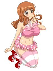 Rule 34 | 1girl, bikini, bikini skirt, blunt bangs, breasts, closed mouth, commentary, floating, girls und panzer, gogopaint, heart, high heels, highres, large breasts, legs up, long hair, looking at viewer, navel, orange eyes, orange hair, pink bikini, pink thighhighs, red footwear, sailor bikini, sailor collar, simple background, smile, solo, striped clothes, striped thighhighs, swimsuit, takebe saori, thighhighs, v, white background, white sailor collar