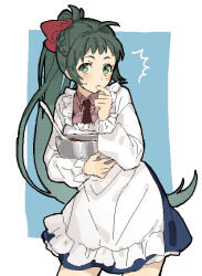 Rule 34 | 1girl, apron, blush, bow, bowl, collared shirt, finger in own mouth, green eyes, green hair, hair bow, holding, holding bowl, irako (kancolle), kantai collection, kappougi, long hair, long sleeves, looking at viewer, pink shirt, ponytail, red bow, shirt, simple background, solo, sugimoto (niboshiumai), sweat, two-tone background, very long hair