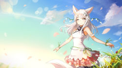 Rule 34 | 1girl, animal ears, black thighhighs, blue sky, blurry, blush, bokeh, chinese clothes, closed mouth, cloud, cloudy sky, day, depth of field, grass, grey eyes, half-closed eyes, hieung, light smile, long hair, looking at viewer, original, outdoors, petals, pink skirt, shirt, silver hair, skirt, sky, sleeveless, sleeveless shirt, solo, swept bangs, tail, thick eyebrows, thighhighs, zettai ryouiki