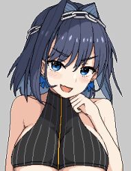 Rule 34 | 1girl, bare shoulders, black shirt, blue bow, blue eyes, blue hair, blue ribbon, blush, blush stickers, bow, bow earrings, breasts, chain, chain headband, clothing cutout, collarbone, cropped shirt, earrings, fang, hair intakes, hand on own face, head rest, hololive, hololive english, jewelry, large breasts, looking at viewer, multicolored hair, open mouth, ouro kronii, ouro kronii (1st costume), pixel art, ribbon, shirt, short hair, sideboob, sidelocks, simple background, skin fang, sleeveless, sleeveless shirt, sleeveless turtleneck, smile, solo, turtleneck, two-tone hair, underboob, virtual youtuber, zipper, zou eita