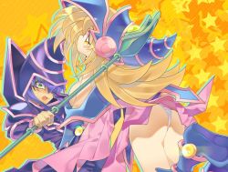 Rule 34 | 1boy, 1girl, adjusting clothes, ass, blonde hair, boots, breasts, cape, dark magician, duel monster, hat, large breasts, long hair, looking at viewer, looking back, magical girl, no bra, panties, pantyshot, shiny skin, skirt, staff, underwear, yu-gi-oh!