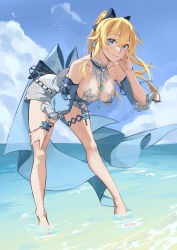 Rule 34 | 1girl, absurdres, back bow, bare legs, bare shoulders, bent over, black bow, blue bow, blue eyes, blue sky, blush, bow, breasts, closed mouth, collarbone, day, detached sleeves, frilled sleeves, frills, full body, genshin impact, grey shorts, hair bow, hand in own hair, hand on own thigh, highres, horizon, jean (genshin impact), jean (sea breeze dandelion) (genshin impact), large breasts, long hair, looking at viewer, ocean, outdoors, ponytail, short shorts, short sleeves, shorts, sideboob, sky, smile, soaking feet, solo, standing, wading, water, wristband, yonghu 20251