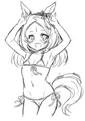 Rule 34 | 1girl, :d, animal ears, armpits, arms up, bare arms, bare shoulders, bikini, blush, bow, collarbone, cowboy shot, cropped legs, ear bow, facial mark, flat chest, forehead, forehead mark, front-tie bikini top, front-tie top, greyscale, groin, horse ears, horse girl, horse tail, looking at viewer, monochrome, navel, open mouth, original, side-tie bikini bottom, simple background, sketch, smile, solo, swimsuit, tail, unname, white background