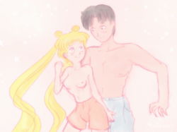 Rule 34 | 1boy, 1girl, bishoujo senshi sailor moon, black hair, blonde hair, breasts, chiba mamoru, nipples, tsukino usagi