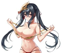 Rule 34 | 1girl, azur lane, bare shoulders, bikini, black hair, blush, bra strap, breasts, cleavage, closed mouth, hair ribbon, holding strap, large breasts, long hair, looking at viewer, maanu, multicolored bikini, multicolored clothes, navel, red eyes, red ribbon, ribbon, solo, swimsuit, taihou (azur lane), twintails, white background