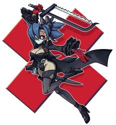 Rule 34 | + +, 1girl, absurdres, blue hair, bow, breasts, cleavage, coat, cosplay, covered navel, eyepatch, gloves, hair bow, high heels, highres, large breasts, leg up, madamerinrin, mask, mouth mask, persona, persona 5, ponytail, red background, ruffled cuffs, skullgirls, solo, surgical mask, thighhighs, valentine (skullgirls), yoshizawa kasumi, yoshizawa kasumi (cosplay)