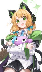 Rule 34 | 1girl, absurdres, animal ear headphones, animal ears, bag, blue archive, blue bow, blue necktie, bow, cat ear headphones, cat ears, cat tail, collared shirt, commentary request, cowboy shot, dress shirt, fake animal ears, green eyes, green halo, green jacket, hair bow, halo, headphones, highres, holding, holding bag, jacket, long hair, long sleeves, looking at viewer, looking down, midori (blue archive), necktie, notice lines, hugging object, off shoulder, open mouth, orange hair, paper bag, sentter, shirt, sidelocks, simple background, smile, solo, stuffed toy, tail, white background, white shirt, wide sleeves