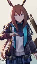 Rule 34 | 1girl, absurdres, amiya (arknights), animal ears, arknights, black jacket, blue eyes, blue skirt, brown hair, closed mouth, commentary, gar32, grey background, hair between eyes, hand up, highres, jacket, jewelry, long hair, long sleeves, open clothes, open jacket, plaid, plaid skirt, pleated skirt, rabbit ears, ring, shirt, sidelocks, signature, simple background, skirt, smile, solo, very long hair, white shirt