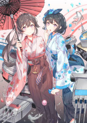 Rule 34 | 2girls, :o, ball, blue background, blue bow, blue flower, blue hakama, blue kimono, blush, bow, breasts, brown background, brown hair, brown hakama, character request, closed mouth, commentary request, crossover, fish, floral print, flower, hair bow, hair flower, hair ornament, hakama, hakama skirt, hand up, highres, holding, holding umbrella, japanese clothes, kimono, long hair, long sleeves, machinery, medium breasts, multiple girls, oil-paper umbrella, parted lips, petals, pink flower, print kimono, red flower, red kimono, red umbrella, ronopu, short kimono, skirt, smile, steelblue mirage, temari ball, umbrella, very long hair, white background, wide sleeves