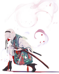 Rule 34 | 1girl, adapted costume, alternate footwear, ankle boots, arm at side, asymmetrical bangs, black footwear, black hairband, black ribbon, blue eyes, blurry, bob cut, boots, bowing, cherry blossom print, closed mouth, commentary, cross-laced footwear, egasumi, expressionless, fighting stance, floral print, from side, full body, green eyes, green sailor collar, green skirt, hair ribbon, hairband, hakama, hakama short skirt, hakama skirt, half-closed eyes, hand on hilt, high heels, highres, hitodama, hitodama print, holding, holding sheath, holding sword, holding weapon, japanese clothes, katana, knee up, kojiri, konpaku youmu, koshirae, lace, lace-up boots, long bangs, long ribbon, long sleeves, looking down, neck ribbon, outstretched hand, petals, pleated skirt, profile, ready to draw, red ribbon, ribbon, sailor collar, saya (scabbard), scabbard, sheath, sheathed, shirt, short hair, sidelocks, simple background, skirt, skull print, solo, squatting, swept bangs, sword, touhou, tree print, tsuba (guard), tsuka-ito, tsuka (handle), wakizashi, weapon, white background, white hair, white shirt, wide sleeves, yonemuro