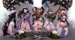 Rule 34 | 5girls, arm garter, arm up, armor, arrow (projectile), artist name, ascot, ass, bikini armor, black hair, blonde hair, blue eyes, blue panties, bow (weapon), braid, breastplate, breasts, bridal garter, brown eyes, brown hair, butt crack, cape, cleavage, copyright request, cropped legs, cross-laced clothes, fantasy, feathers, fingerless gloves, flower, from behind, from side, garter straps, gloves, greaves, grey hair, gun, hair between eyes, half-closed eyes, hand on hilt, headgear, helmet, high heels, highres, hip focus, holding, holding weapon, kneepits, large breasts, leg lift, lineup, lips, long hair, looking back, lowleg, multiple girls, navel, no pants, open mouth, orange eyes, orange panties, own hands together, panties, pauldrons, profile, purple eyes, purple panties, quiver, red eyes, red hair, red panties, rifle, ruins, scrunchie, short hair, shoulder armor, single braid, standing, sword, text focus, thigh gap, thigh strap, thighhighs, thighlet, thighs, underwear, very long hair, watermark, wavy hair, weapon, web address, white hair, white legwear, white panties, yellow panties, zul