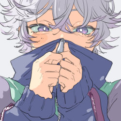 Rule 34 | 1boy, covered mouth, long sleeves, looking at viewer, male focus, multicolored clothes, paradox live, purple eyes, purple hair, shirota69, short hair, sketch, solo, sweater, white background, yatonokami nayuta, zipper