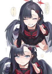 Rule 34 | 1girl, absurdres, armband, black choker, black gloves, black hair, black sailor collar, black serafuku, black wings, blue archive, blush, choker, closed mouth, feathered wings, gloves, grey eyes, grin, hair ornament, hairclip, halo, highres, ichika (blue archive), long hair, long sleeves, low wings, multiple views, neckerchief, red armband, red halo, red neckerchief, safety pin, sailor collar, school uniform, serafuku, smile, speech bubble, translation request, wings, yanyo (ogino atsuki)