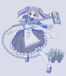 Rule 34 | 1girl, apron, atrium (artist), bloody marie (skullgirls), brooch, dress, facing viewer, frilled apron, frilled dress, frills, full body, grey background, grey hair, hair ornament, half-closed eyes, highres, jewelry, maid headdress, mary janes, outstretched arms, pantyhose, red eyes, ribs, shoes, skeleton, skull hair ornament, skullgirls, solo, twintails, vacuum cleaner