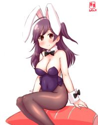 Rule 34 | 1girl, ahoge, alternate costume, animal ears, artist logo, black bow, black bowtie, black eyes, black pantyhose, bow, bowtie, breasts, carrot, cleavage, clenched hand, commentary request, cushion, dated, detached collar, fake animal ears, feet out of frame, hagikaze (kancolle), hair over shoulder, highres, kanon (kurogane knights), kantai collection, leotard, long hair, looking at viewer, md5 mismatch, medium breasts, one side up, pantyhose, playboy bunny, purple hair, purple leotard, rabbit ears, rabbit tail, revision, simple background, sitting, smile, solo, strapless, strapless leotard, tail, white background, wrist cuffs