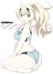 Rule 34 | 1girl, alternate hairstyle, anchor symbol, ass, bare arms, bare legs, bare shoulders, barefoot, bikini, blonde hair, blue bikini, blue eyes, character name, clothes writing, full body, gambier bay (kancolle), hair between eyes, kantai collection, long hair, open mouth, ponytail, shigino sohuzi, smile, solo, sports bikini, swimsuit, toes