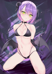 Rule 34 | 1girl, absurdres, arms behind back, bare legs, bare shoulders, bikini, black bikini, black choker, black gloves, black wings, blush, bob cut, breasts, choker, clothing cutout, curled horns, demon girl, demon horns, demon tail, demon wings, ear piercing, earrings, elbow gloves, gloves, gradient hair, green eyes, heart cutout, heart o-ring, highres, hololive, horns, jewelry, looking at viewer, low wings, midriff, multi-strapped bikini, multicolored hair, navel, parted lips, piercing, pink hair, pointy ears, purple hair, rifufu, short hair, small breasts, solo, streaked hair, string bikini, swept bangs, swimsuit, tail, tokoyami towa, virtual youtuber, wings