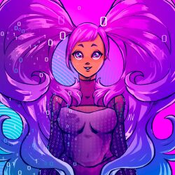 Rule 34 | 1girl, aqua background, aveecomics, big hair, binary, covered navel, entrapta, gradient background, highres, long hair, looking at viewer, paid reward available, parted lips, purple background, purple eyes, purple hair, she-ra and the princesses of power, smile, solo, twintails, upper body, very long hair