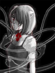 Rule 34 | 00s, 1girl, a iroha, backlighting, black background, blood, bloody tears, choker, elfen lied, grey theme, hair over one eye, lucy (elfen lied), monochrome, parted lips, partially colored, ribbon choker, short hair, solo, undo (tirumichiru09), vectors
