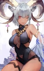 Rule 34 | 1girl, ;), animal ears, arknights, armlet, bare shoulders, black one-piece swimsuit, breasts, carnelian (arknights), carnelian (shimmering dew) (arknights), casual one-piece swimsuit, cleavage, closed mouth, covered navel, dark-skinned female, dark skin, gnai, goat ears, goat girl, goat horns, grey hair, highres, horns, jewelry, large breasts, looking at viewer, necklace, official alternate costume, one-piece swimsuit, one eye closed, open clothes, red eyes, short hair, simple background, sitting, smile, solo, swimsuit, white background
