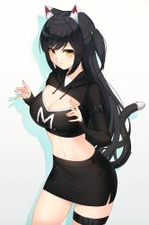 Rule 34 | 1girl, absurdres, animal ears, black hair, black shirt, black skirt, blouse, breasts, cat ears, cat girl, cat tail, cleavage, cowboy shot, crop top, drawstring, drop shadow, highres, hood, hood down, huge filesize, large breasts, leg belt, long hair, long sleeves, looking at viewer, maemi (maemi12), midriff, miniskirt, navel, one side up, original, parted lips, pencil skirt, shirt, simple background, skirt, sleeves past wrists, solo, stomach, tail, thigh strap, thighs, white background, yellow eyes