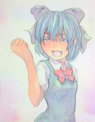 Rule 34 | 1girl, :d, acrylic paint (medium), blue dress, blue eyes, blue hair, bow, cirno, clenched hand, cowboy shot, dress, gradient background, graphite (medium), hair bow, hand up, highres, looking at viewer, matching hair/eyes, open mouth, painting (medium), ribbon, short hair, simple background, smile, solo, touhou, traditional media, watercolor (medium), yuyu (00365676)