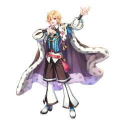 Rule 34 | 1boy, arm up, belt, blonde hair, blue footwear, blue vest, bow, bowtie, braid, brown bow, brown bowtie, brown cape, brown shorts, buttons, cape, collared shirt, crescent, crescent pin, full body, fur-trimmed cape, fur trim, hair between eyes, hand on own chest, highres, leona (pixiv), long sleeves, looking at viewer, loose belt, male focus, medium bangs, medium hair, official art, open mouth, pants, pants under shorts, pink eyes, puffy long sleeves, puffy sleeves, ragnarok online, red belt, shirt, shoes, shorts, side braid, simple background, single braid, smile, solo, standing, tachi-e, tassel, teeth, transparent background, troubadour (ragnarok online), two-tone footwear, upper teeth only, vest, white footwear, white pants, white shirt