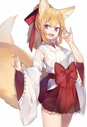 Rule 34 | 1girl, :3, :d, \n/, animal ears, bare shoulders, blonde hair, bow, breasts, cowboy shot, detached sleeves, fang, fox ears, fox shadow puppet, fox tail, hair ribbon, hakama, hakama short skirt, hakama skirt, hand up, japanese clothes, long hair, long sleeves, looking at viewer, open mouth, original, pleated skirt, ponytail, purple eyes, red bow, red ribbon, red skirt, ribbon, ribbon trim, shugao, sidelocks, simple background, skirt, small breasts, smile, solo, standing, tail, thick eyebrows, white background, wide sleeves