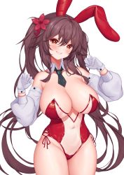 Rule 34 | 1girl, absurdres, alternate breast size, animal ears, blush, breasts, brown hair, cleavage, covered navel, cowboy shot, detached collar, detached sleeves, flower, flower-shaped pupils, genshin impact, gloves, grin, groin, hair flower, hair ornament, highres, hu tao (genshin impact), large breasts, leotard, long hair, looking at viewer, meme attire, necktie, pinkcap, playboy bunny, rabbit ears, red eyes, red flower, red leotard, short necktie, simple background, smile, solo, symbol-shaped pupils, translucent bunnysuit, twintails, very long hair, white background, white gloves
