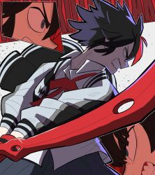 2girls angry bigflorito black_hair blue_eyes clenched_teeth cut-in highres holding holding_sword holding_weapon jacket kill_la_kill kiryuuin_satsuki matoi_ryuuko multicolored_hair multiple_girls red_background red_hair school_uniform scissor_blade_(kill_la_kill) shirt short_hair siblings sisters skirt streaked_hair sword teeth two-tone_hair weapon white_background