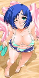 Rule 34 | 1girl, barefoot, bikini, blue hair, breasts, cleavage, denim, denim shorts, feet, flip-flops, from above, green eyes, highres, holding, holding shoes, kashiwagi haruko, large breasts, muv-luv, navel, one eye closed, open clothes, open shorts, sandals, shinama, shoes, short hair, shorts, smile, solo, striped bikini, striped clothes, swimsuit, unzipped, wink