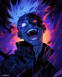 Rule 34 | 1boy, artist name, black coat, coat, deltapork, electricity, gojou satoru, jujutsu kaisen, looking at viewer, male focus, multicolored background, multicolored eyes, open mouth, screaming, short hair, signature, smile, solo, teeth, unusually open eyes, upper body