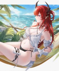 Rule 34 | 1girl, arknights, babydoll, bare shoulders, bikini, black bikini, black choker, bow, breasts, burnt clothes, cherry, choker, cleavage, closed mouth, day, detached sleeves, food, fruit, hammock, highres, horn ornament, horns, kachi, long hair, long sleeves, medium breasts, mouth hold, ocean, official alternate costume, outdoors, purple eyes, red hair, sitting, solo, star (symbol), surtr (arknights), surtr (colorful wonderland) (arknights), swimsuit, thigh strap, very long hair, white bow